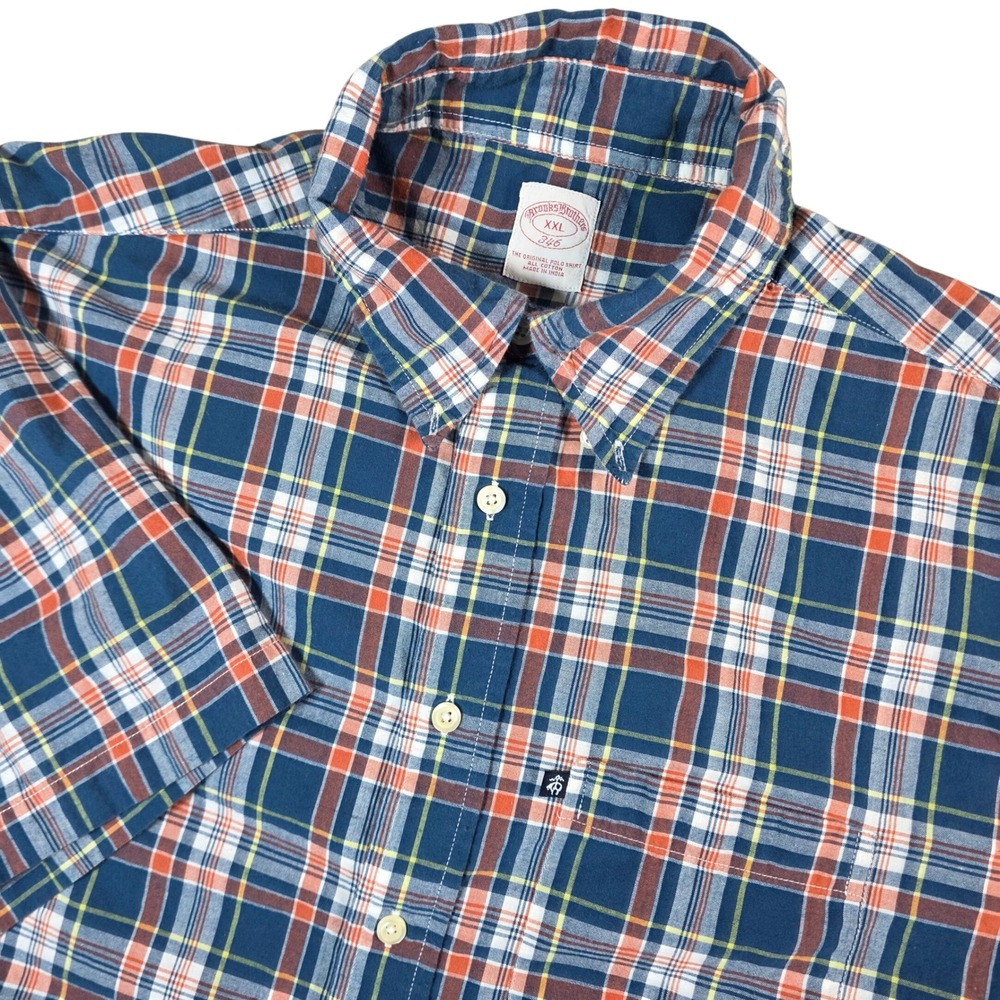 Brooks Brothers 346 Button Down Shirt Mens XXL Blue Orange Plaid Short Sleeve